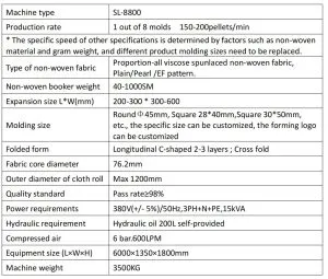 Technical parameters for SL-8800 compressed towel and coin tissue making machine