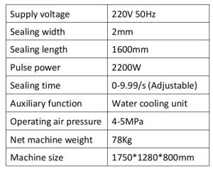 1600 mm pneumatic impulse flap sealing machine technical specifications