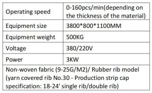 Technical parameters for automatic nonwoven clip cap and strip cap making machine